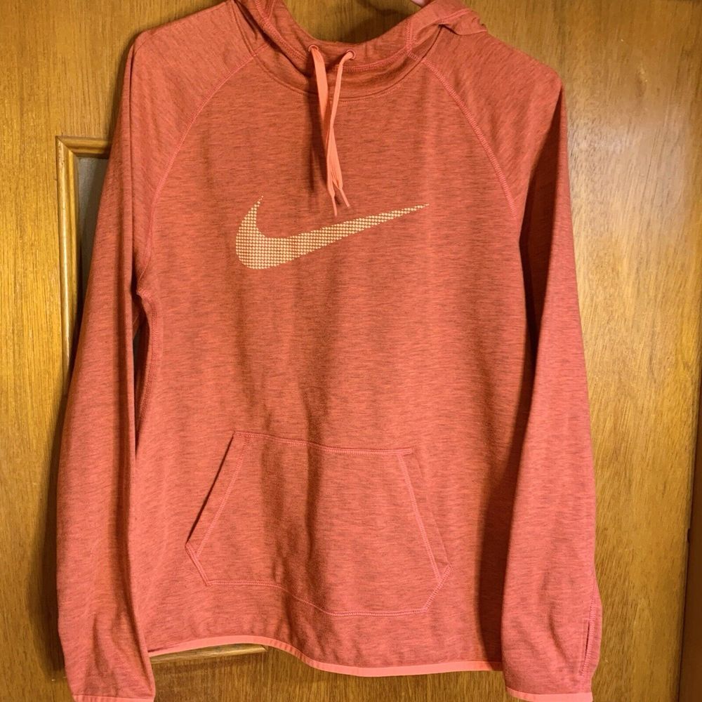 Nike (L) Dri-Fit Sweatshirt - Red Hoodie Logo Swoosh Thumbholes Long Sleeve